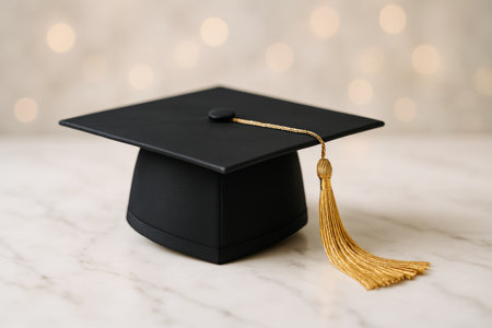 A black graduation cap sits elegantly on a marble surface. The gold tassel hangs gracefully, adding a touch of celebration to the simple yet sophisticated display.の素材