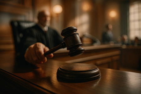 In a formal courtroom, a judge raises a gavel to announce a crucial ruling while attentive individuals observe the proceedings closely. The atmosphere reflects tension and anticipation.の素材