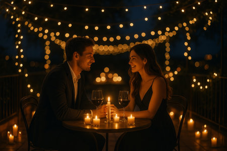 Couples enjoy a romantic dinner at a terrace, surrounded by glowing string lights and candles while sharing intimate moments during a serene evening.の素材