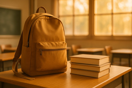 A spacious classroom filled with warm sunlight showcases a backpack next to neatly stacked books on a wooden desk, creating an inviting study environment.の素材