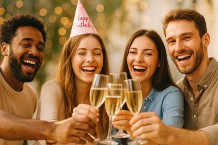 Group of four friends raising glasses of sparkling drink, sharing joyful laughter and celebrating a birthday. The setting is decorated with warm lights, creating a festive atmosphere.の素材
