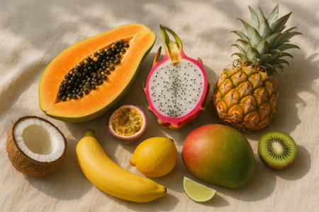 A colorful arrangement of tropical fruits including papaya, dragon fruit, pineapple, banana, lemon, passion fruit, mango, coconut, and kiwi on a neutral background.の素材