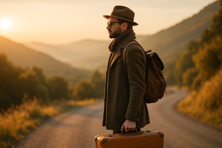 A man stands on a rural road holding a suitcase, gazing at the sunset over the mountains. He wears a hat and coat, evoking a sense of adventure at dusk.の素材