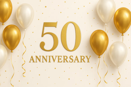 Gold and white balloons surround a large golden number 50 and the word anniversary, all set against a light, dotted background perfect for celebration.の素材