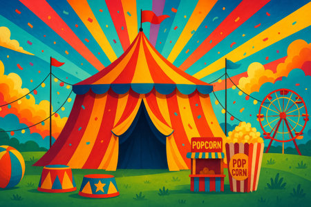Colorful circus tent stands proudly with bold stripes and decorative flags. Popcorn stands and a ferris wheel add to the festive atmosphere at dusk.の素材