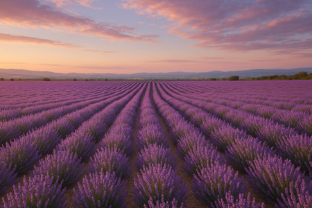 Rows of lavender flowers stretch across the landscape as the sun sets, casting a warm glow over the purple blooms. The sky is painted with soft colors, creating a tranquil atmosphere.の素材