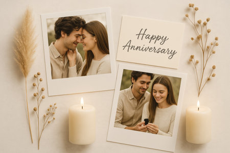 Couple smiles and shares a tender moment surrounded by anniversary reminders, fresh flowers, and lit candles, creating a warm and romantic atmosphere.の素材
