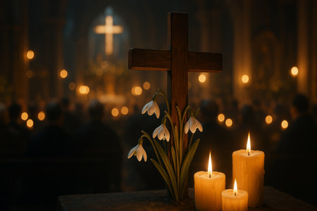 Soft candlelight illuminates a wooden cross surrounded by blooming flowers. Worshippers gather in a dim cathedral, creating a serene and reflective atmosphere for evening prayer.の素材