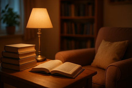 A comfortable chair and wooden table are illuminated by soft lamp light. An open book rests on the table, while a stack of books sits nearby in a peaceful, inviting room.の素材