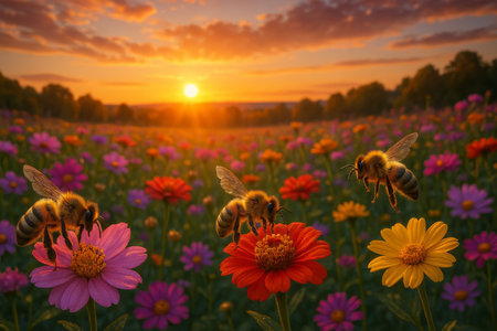 Busy bees actively pollinate pink, red, and yellow flowers in a lush meadow as the sun sets, casting warm light over the landscape during a serene spring evening.の素材