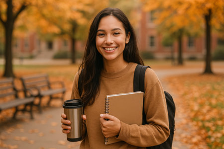 A young woman smiles while standing in a park surrounded by vibrant autumn foliage. She holds a reusable coffee cup and a notebook, dressed in a cozy sweater and carrying a backpack.の素材