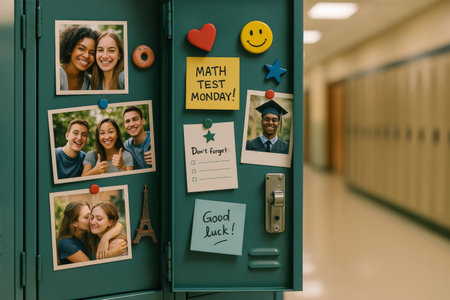 A school locker displays cheerful photos and reminders for an upcoming math test, showcasing friendships and support among students in a vibrant hallway.の素材
