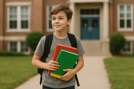 A boy stands outside a school, holding stacked books in bright colors. He wears a gray shirt and a backpack, enjoying the sunny day while smiling softly.の素材