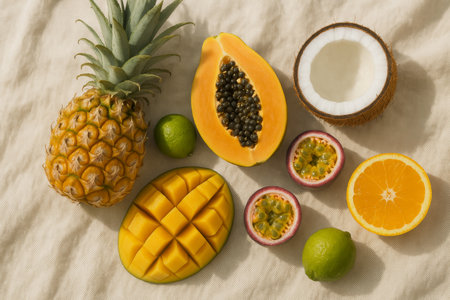 A vibrant display of tropical fruits is showcased, including sliced mango, papaya, and whole pineapple. The colorful arrangement is enhanced by lime and coconut on a light fabric.の素材