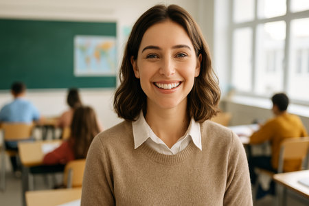 A cheerful teacher stands in front of a classroom, smiling brightly. Students work attentively at their desks, demonstrating a collaborative atmosphere during a learning activity.の素材