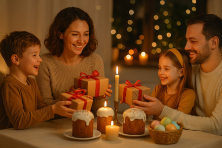 A joyful family shares gifts while seated around a table adorned with pastries, candles, and colorful decorations during a cozy evening celebration.の素材