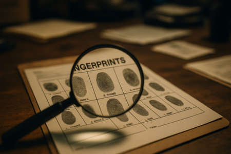 Fingerprints are displayed on a chart with a magnifying glass focusing on details, set in a forensics lab with various documents scattered around a wooden table.の素材