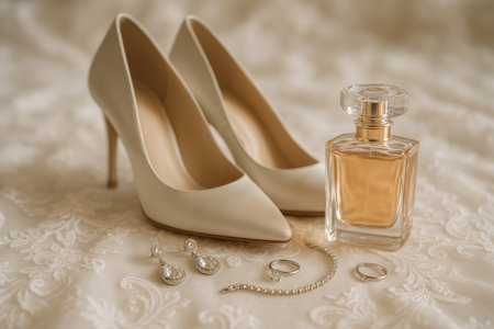 A chic pair of beige high heels are displayed alongside breathtaking jewelry pieces and a classy perfume bottle, all arranged on a soft lace surface, creating a sophisticated look.の素材