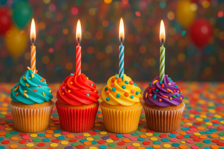 Brightly decorated cupcakes with colorful frosting and candles are arranged on a table filled with confetti, enhancing the cheerful atmosphere of a celebration.の素材