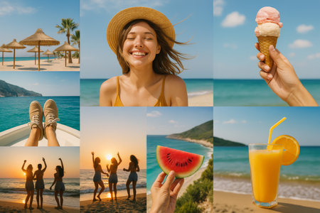 Friends celebrate summer at a beautiful beach, indulging in ice cream, fresh fruit, and refreshing drinks while enjoying the sun and waves around them.の素材