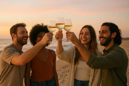 Four friends enjoy a joyful moment on the beach at sunset, raising their glasses of white wine in a toast, creating memories together by the water.の素材