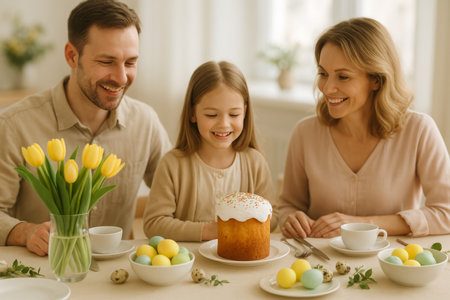 Family enjoys a joyful moment during a spring celebration, sharing smiles and festive treats, including a decorated cake and colorful eggs on the table.の素材
