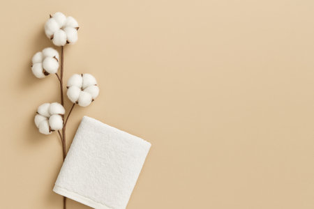 A soft white towel rests next to a delicate cotton branch against a warm beige background, creating a calm and inviting atmosphere for relaxation and self-care.の素材