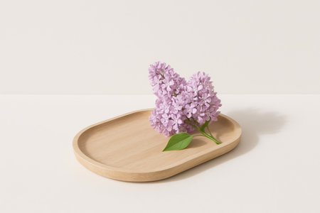 Delicate purple lilacs are arranged on a simple wooden tray, enhancing the aesthetic of minimalist decor with a touch of nature and elegance in a bright, neutral space.の素材