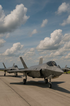 Modern military jets are lined up on the runway, preparing for takeoff during a clear day. The clouds add depth to the blue sky above the airbase.の素材