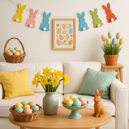 Brightly colored bunny decorations and pastel eggs adorn a cheerful living room, creating a festive atmosphere for Easter festivities with yellow daffodils and playful accents.の素材