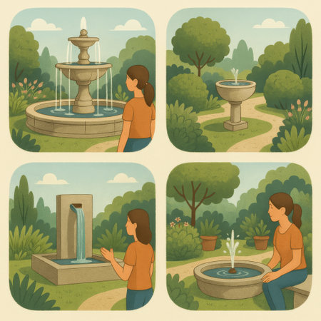 A woman relaxes by various fountains in a lush garden. Water flows gently from each fountain, creating a calming atmosphere among the greenery and flowers.の素材