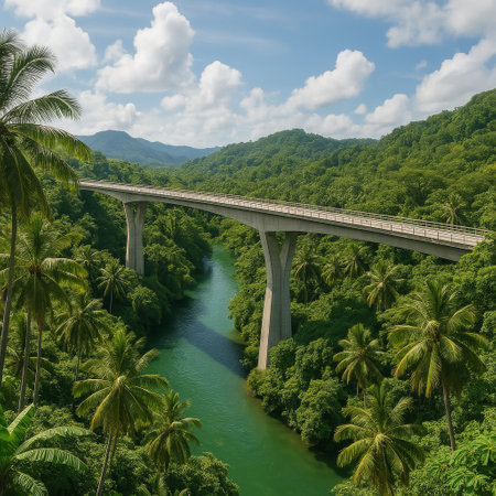 A stunning bridge spans a tranquil river, framed by vibrant green trees and mountains under a bright blue sky with fluffy clouds. Nature thrives in this peaceful setting.の素材