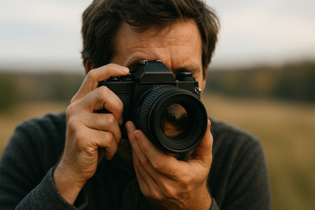 A man stands in an open field focusing, intently on his camera as he prepares to capture the beauty of nature during golden hour. The soft light enhances the tranquil atmosphere.の素材
