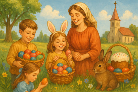 Two children gather bright eggs in baskets while a girl enjoys her find. A woman smiles with them, and a rabbit watches nearby. A church adds a charming background to the joyful moment.の素材