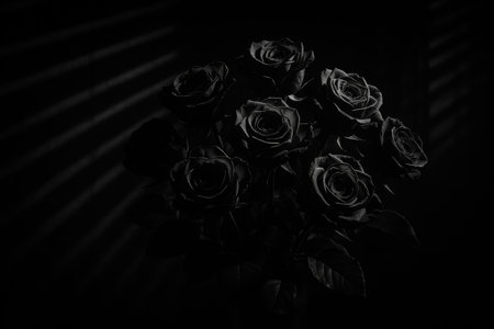 A bouquet of black roses stands against a backdrop of shadows and light. The striking contrast emphasizes the unique beauty of the dark blooms in an elegant display.の素材