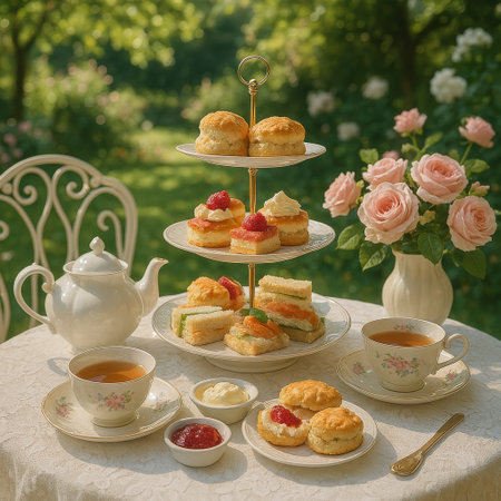 Enjoying a delightful afternoon tea experience featuring tiered scones, finger sandwiches, tea, and fresh roses in a tranquil garden, perfect for relaxation and socializing.の素材