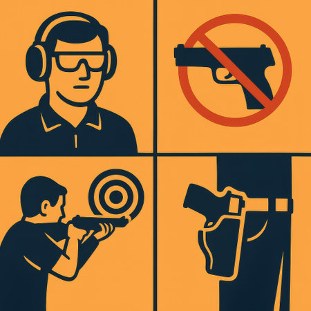 Essential safety rules for firearms, including proper handling techniques, aiming practice, and the prohibition of certain actions in a training setting.の素材