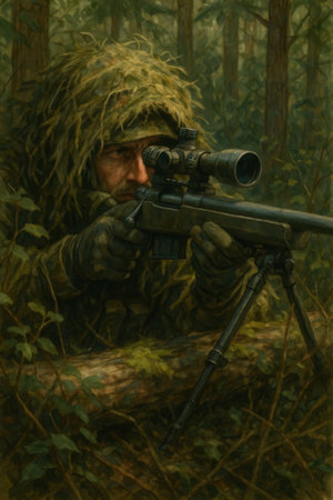 A soldier dressed in camouflage is carefully aiming a sniper rifle while lying on the ground in a thick forest. Surrounding greenery provides effective cover, emphasizing stealth.の素材