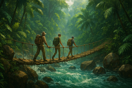 Three explorers traverse a rustic bridge suspended over a flowing river, surrounded by dense green foliage in a vibrant tropical jungle.の素材