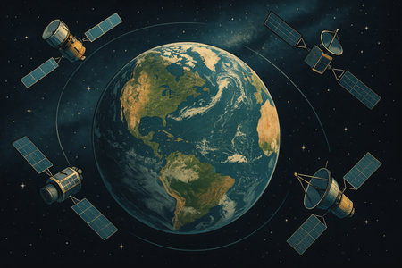 Four advanced satellites orbit Earth, showcasing technology and innovation in a vibrant outer space setting with a starry background and detailed planet surface.の素材