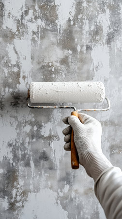 A person applies white paint to a textured gray wall using a paint roller. Their gloved hand shows focus on home improvement and interior decoration in a contemporary setting.の素材
