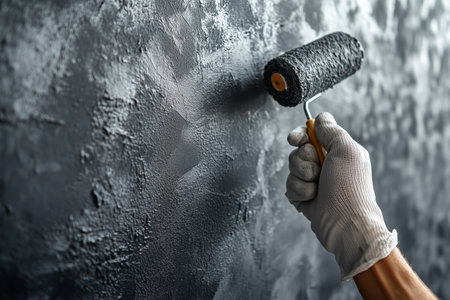A hand in a glove holds a roller brush, applying black paint to a textured wall during a home renovation. The focus is on the painting process, highlighting creativity and transformation.の素材