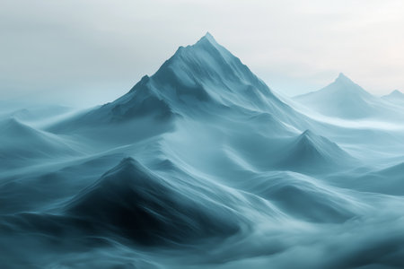 A breathtaking mountain range rises majestically above swirling icy mists during early morning light. The peaks are shrouded in a soft blue hue, creating a serene atmosphere.の素材