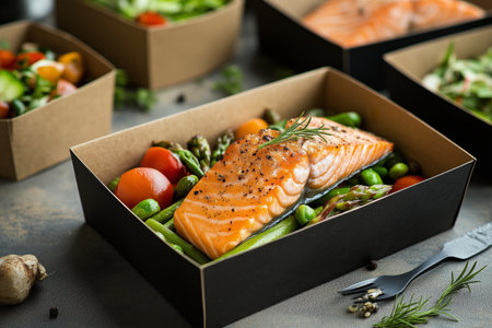 Salmon fillet garnished with herbs is placed atop green vegetables like asparagus and peas in a takeout box. The vibrant meal is surrounded by fresh salads.の素材