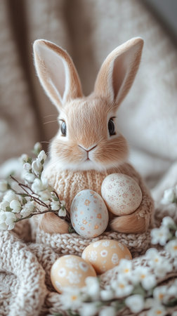 A fluffy bunny with big ears holds colorful, decorated eggs while surrounded by delicate white flowers and soft, textured fabric. The setting conveys a warm, festive atmosphere.の素材