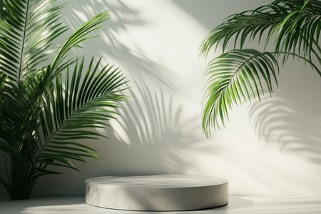 A circular pedestal is positioned in a minimalistic space, surrounded by vibrant green plants casting intricate shadows on the wall, highlighting the smooth surface and lively ambiance.の素材