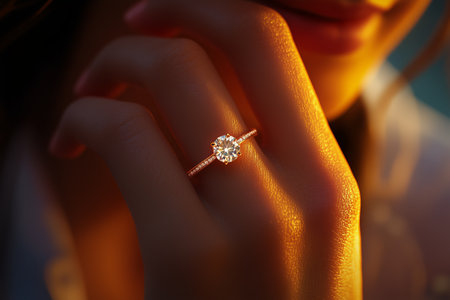 A beautifully crafted engagement ring with a sparkling center stone shines in soft light, resting gently on a persons hand, symbolizing love and commitment.の素材