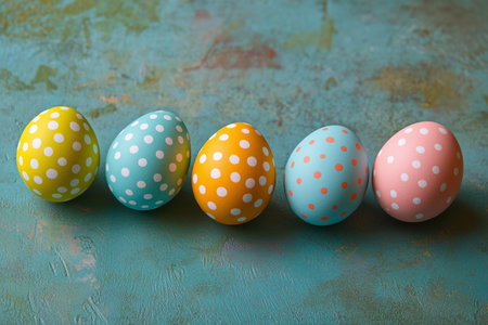 Polka dot eggs in pastel colors of blue, yellow, orange, and pink are lined up on a textured turquoise surface, creating a festive atmosphere for springtime festivities.の素材