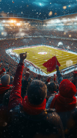 Fans enthusiastically support their team while bundled in warm clothing during a competitive football match at a stadium under snowy skies.の素材