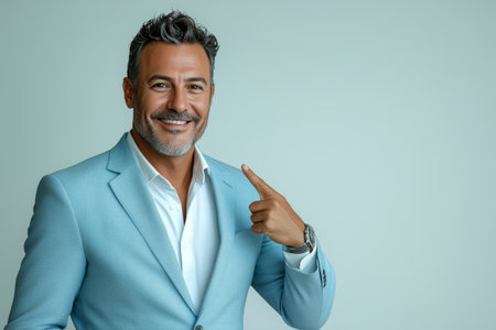 A confident man wearing a light blue suit stands against a neutral background, smiling and pointing upwards with a raised finger, conveying a sense of excitement and positivity.の素材